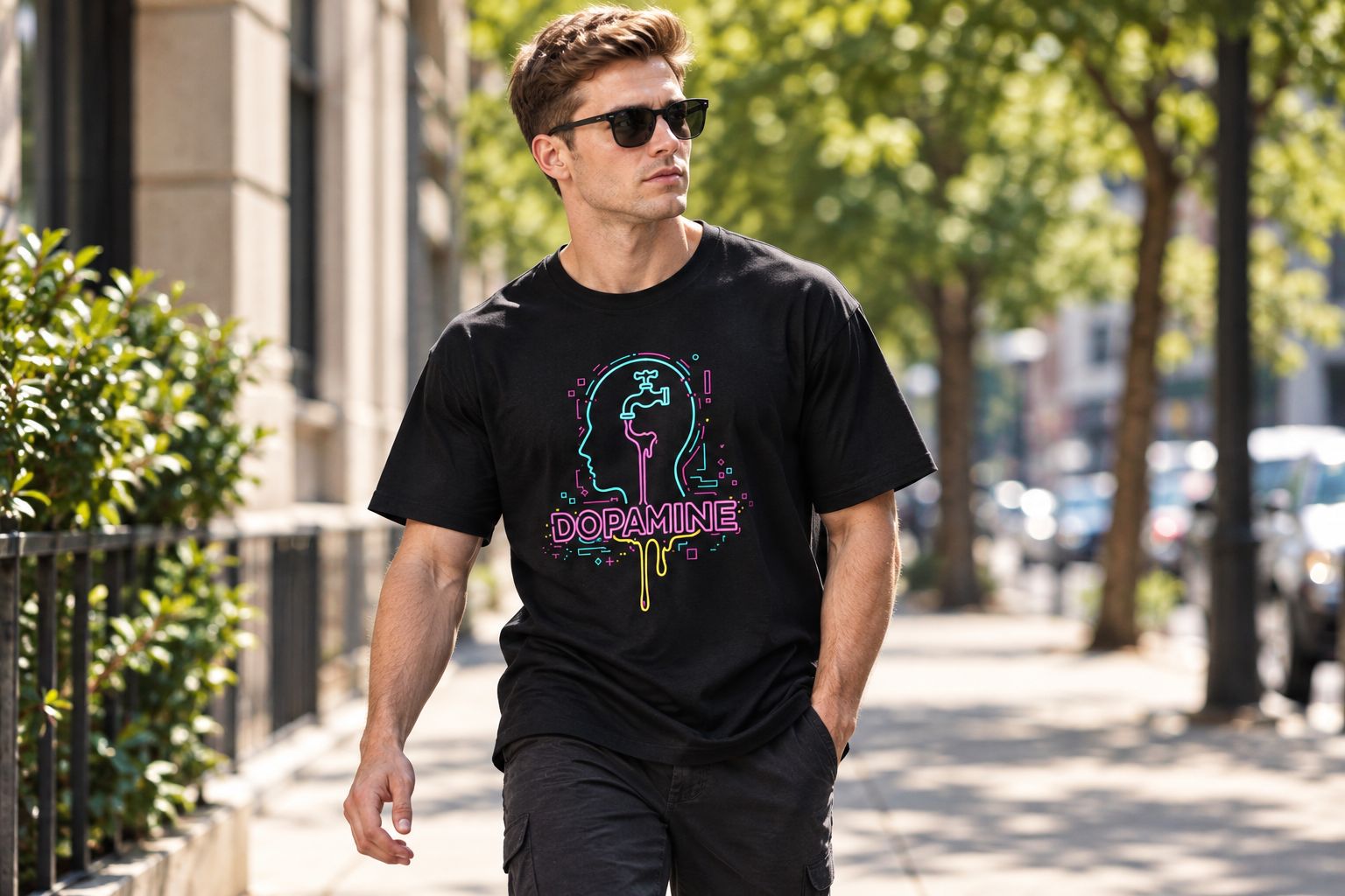 Man wearing a cooling ADHD graphic t-shirt outdoors on a warm day