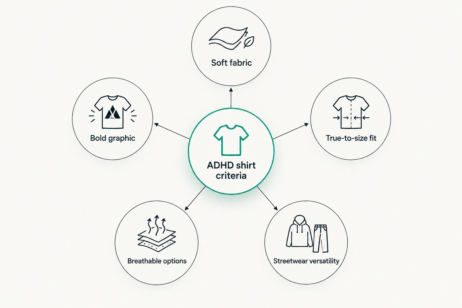 Hub and spoke diagram of five criteria for ranking ADHD shirts for men