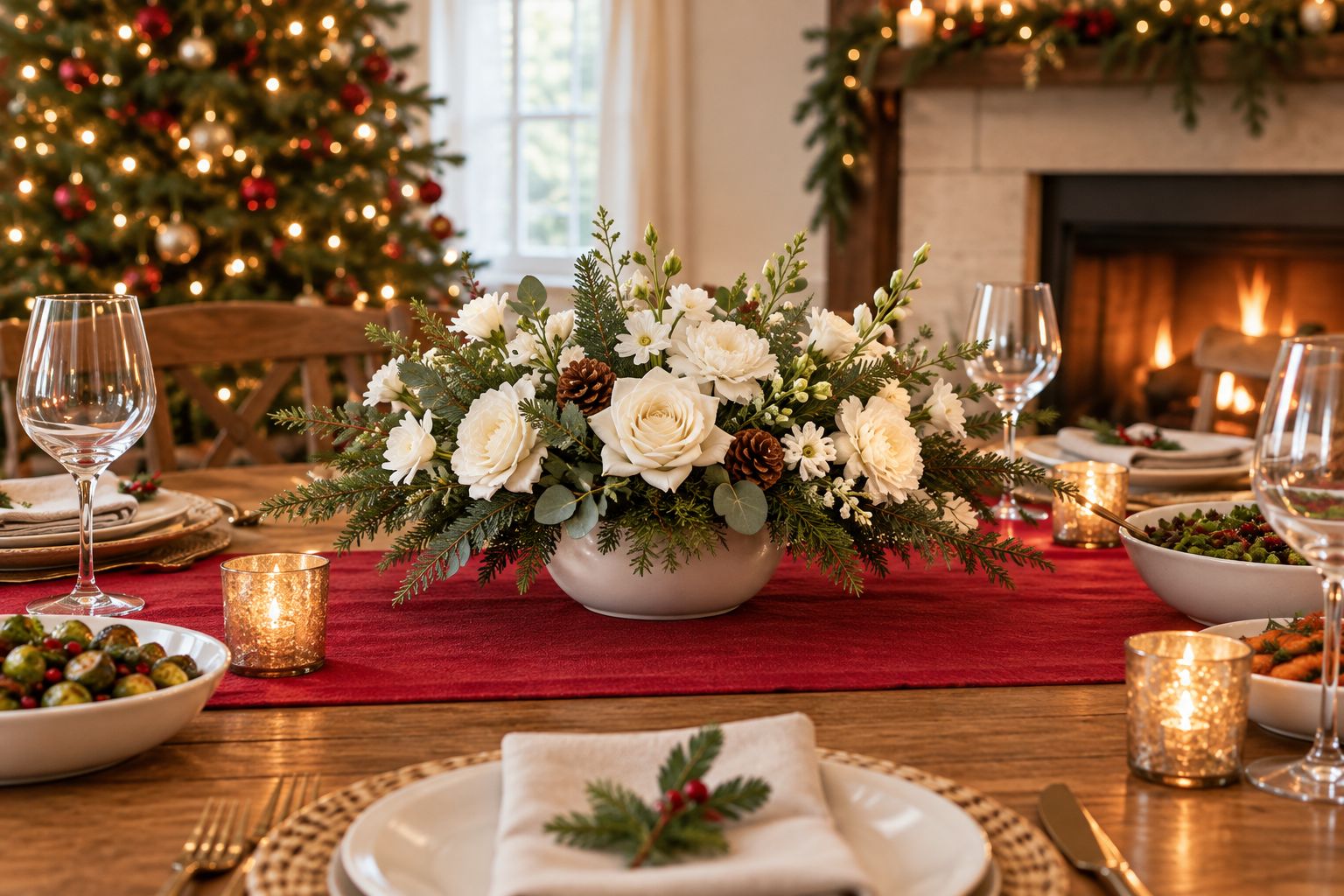 Low white-flower centrepiece with clear sightlines across a Christmas dinner table