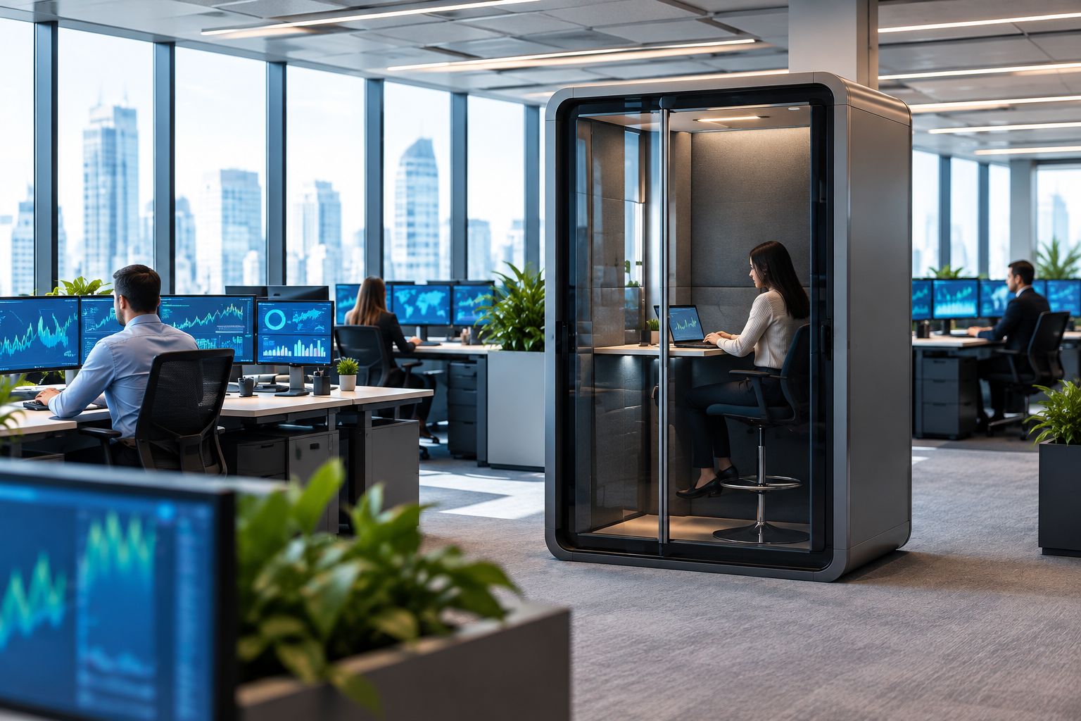 An enclosed calling space beside shared desks in an open-plan workplace