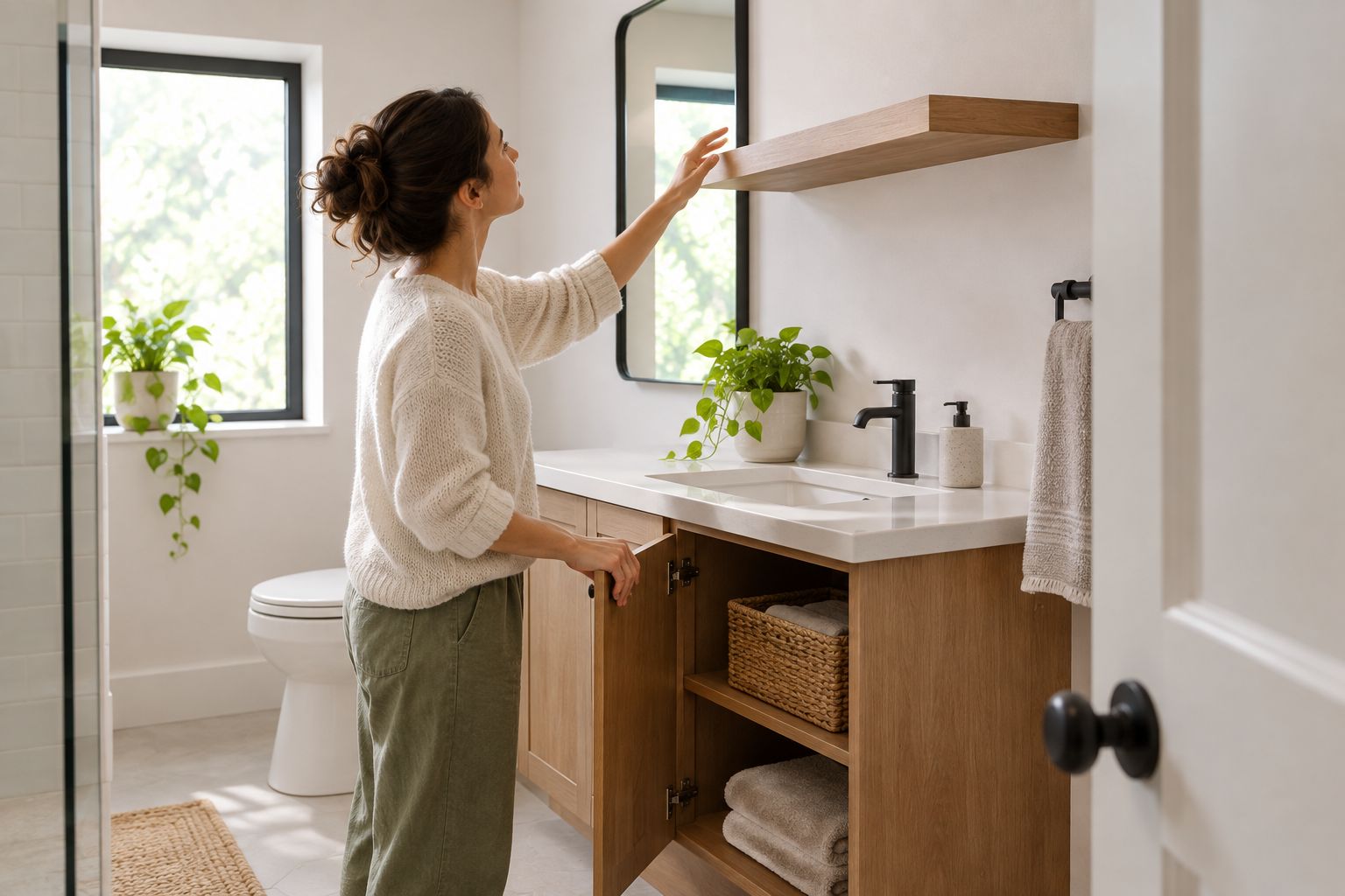 Bathroom shelf above a sink with cabinet access left clear