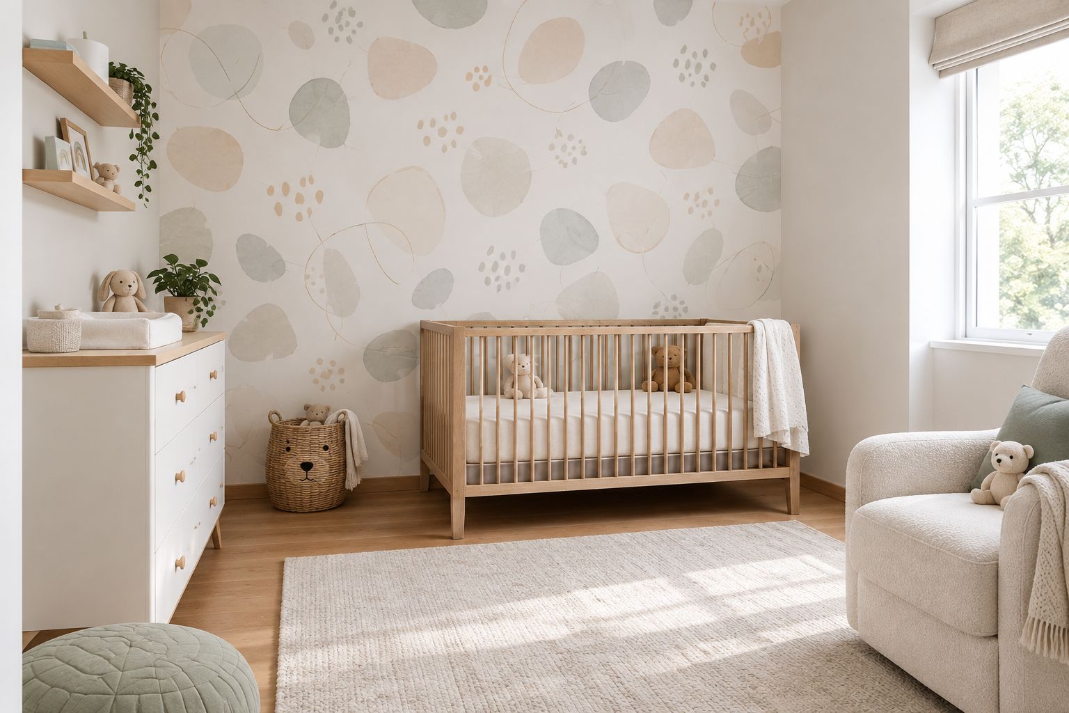 Quarto de bebê com estampa suave em uma parede de destaque e outras paredes lisas