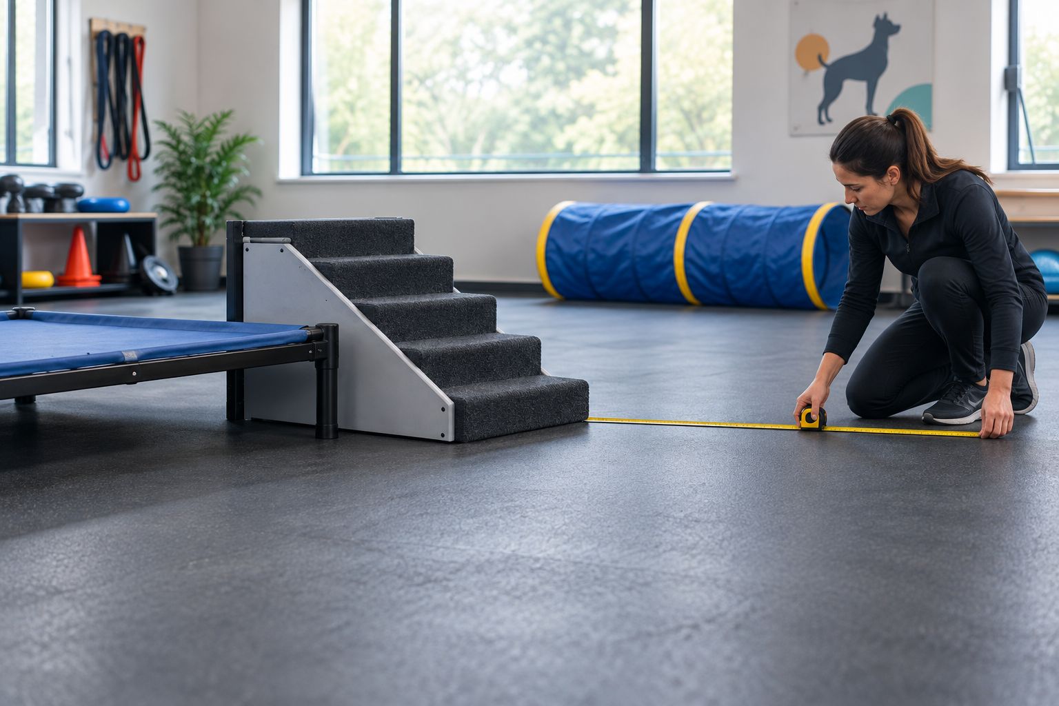 Pet stairs beside a low training platform with a clear approach and landing