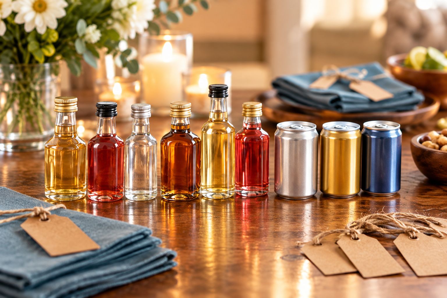 Assorted mini liquor bottles arranged as party favors on a table