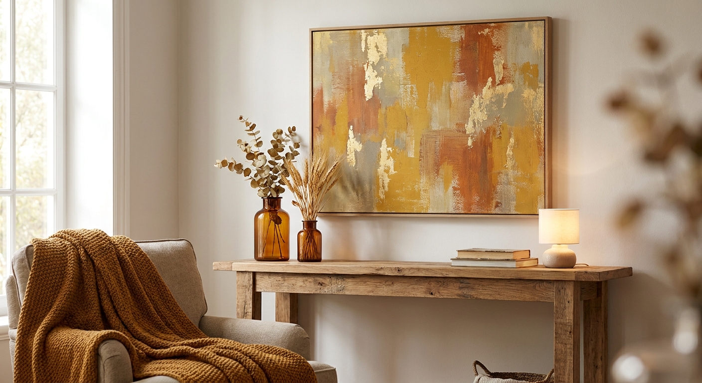 Mustard and gold wall art for warm autumn interiors