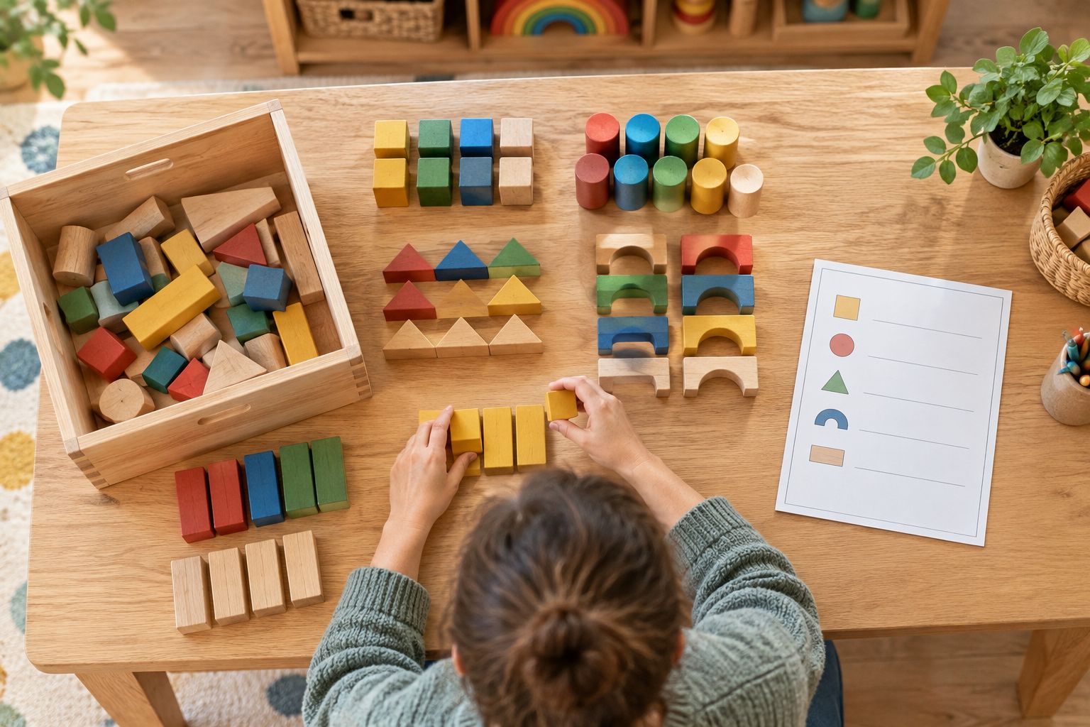 Wooden blocks grouped by shape beside a storage box ready for a lending kit