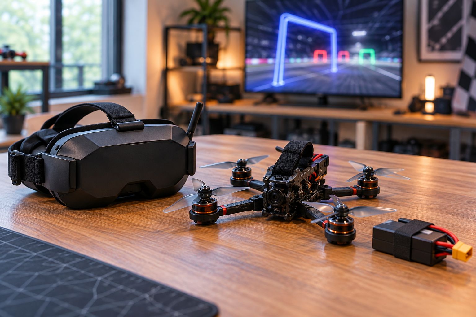 Micro FPV drone, goggles, and spare battery on a table