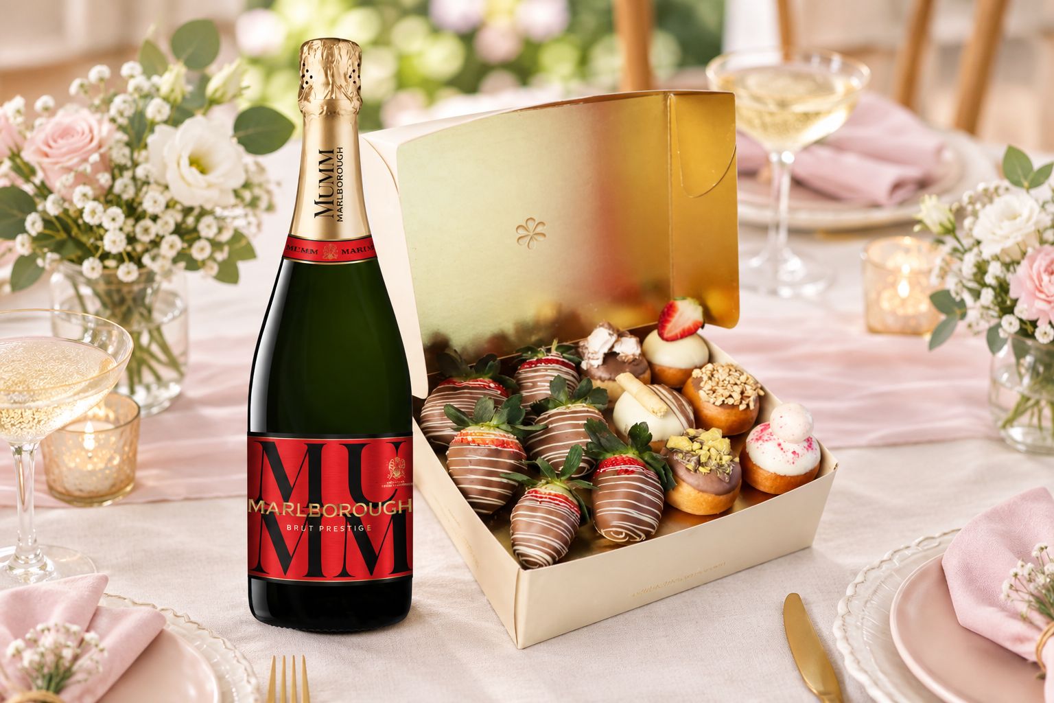 Sparkling donut and strawberry gift box on a bridal shower table