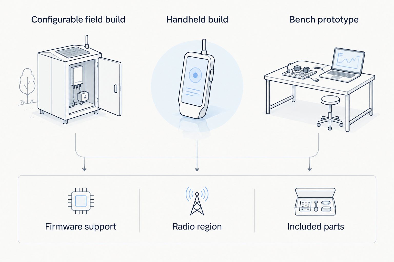 Comparison of field, handheld and bench LoRa mesh builds with shared selection checks