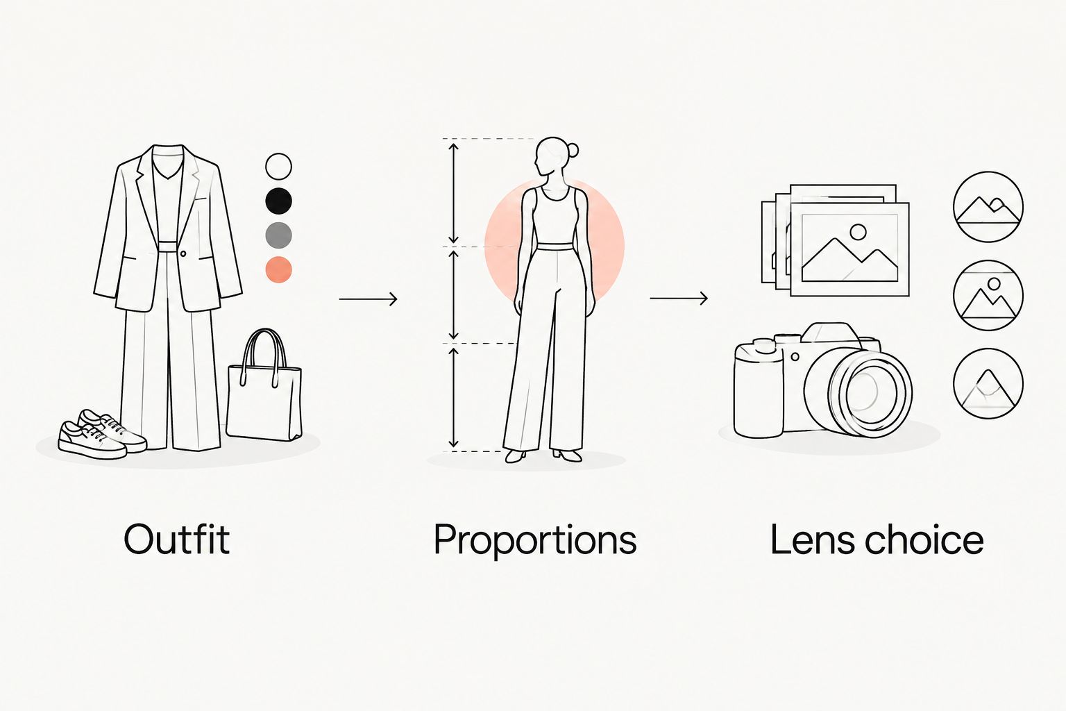 Three eyewear selection steps: outfit, proportions and lens choice