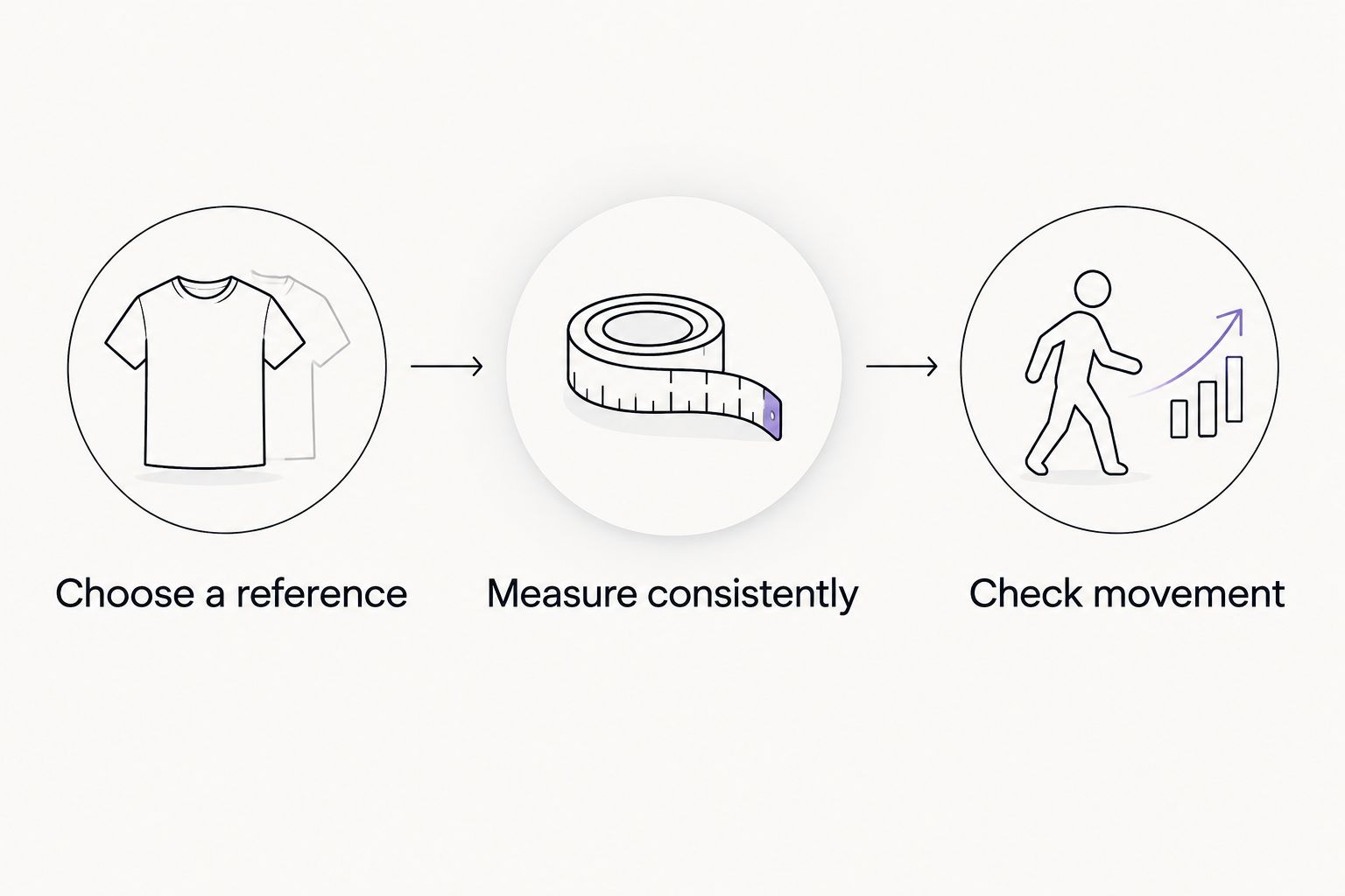 Three steps for comparing a garment: choose a reference, measure consistently, and check movement.