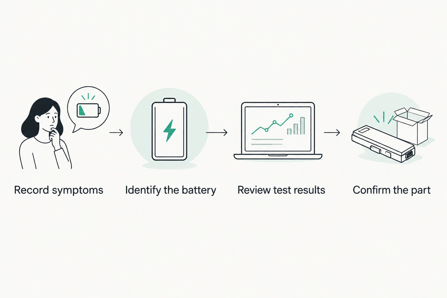 Four steps from recording symptoms to confirming the correct replacement battery