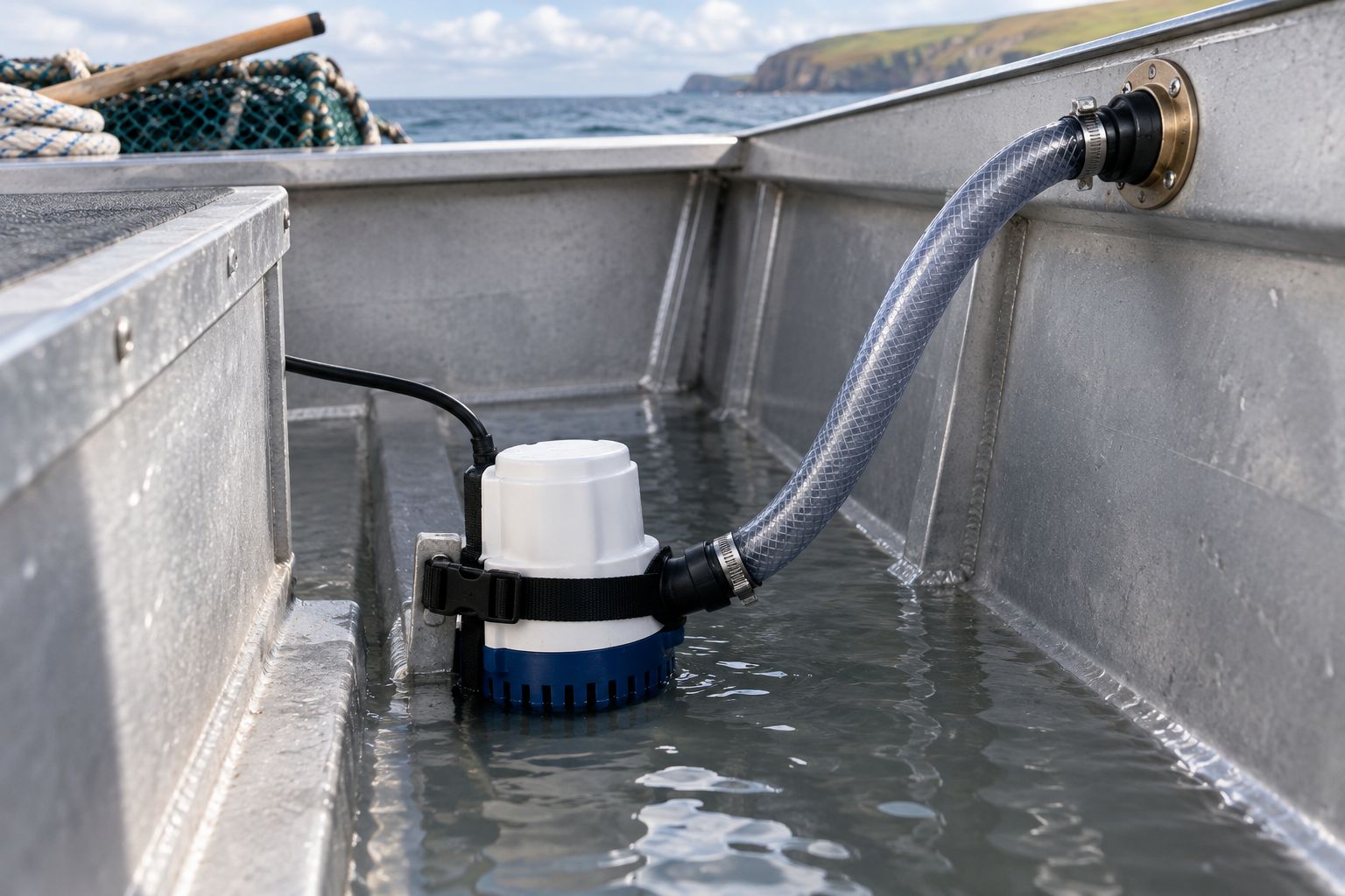 Submersible bilge pump fitted in the bilge of a small aluminium fishing boat