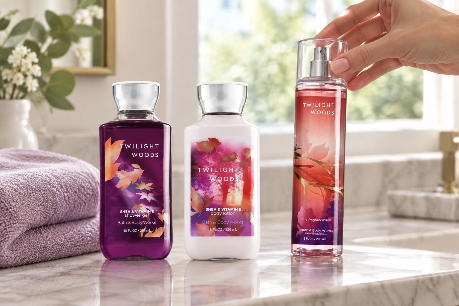 Twilight Woods gift set displayed on a bathroom counter