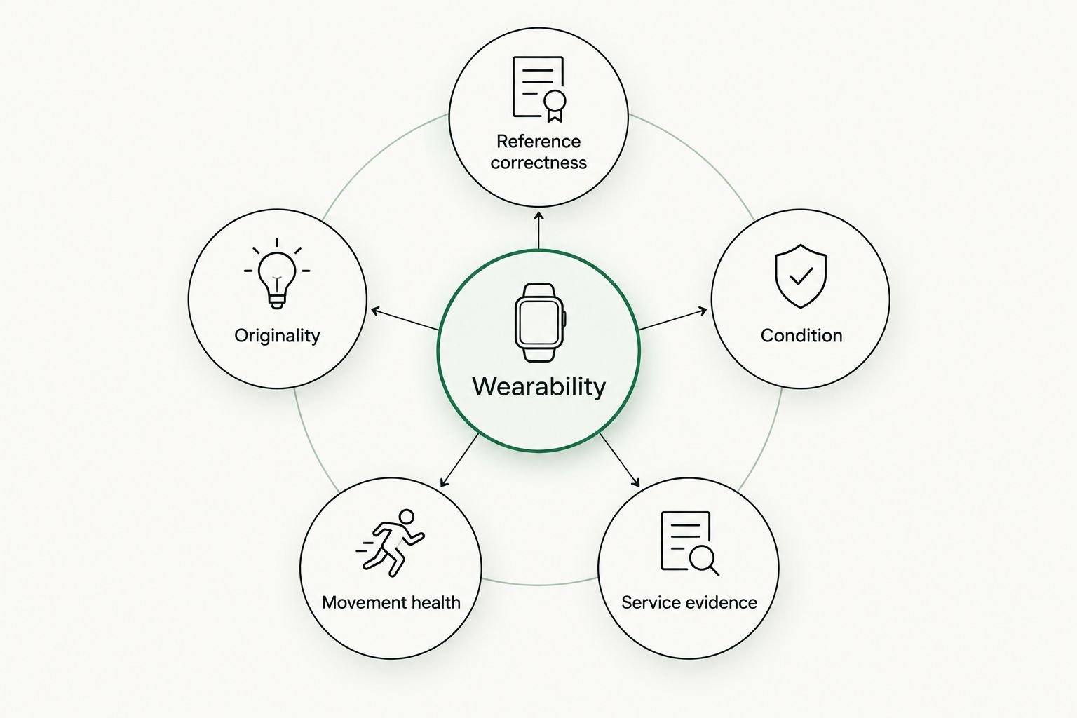 Watch assessment diagram linking wearability with reference, originality, condition, movement and service evidence