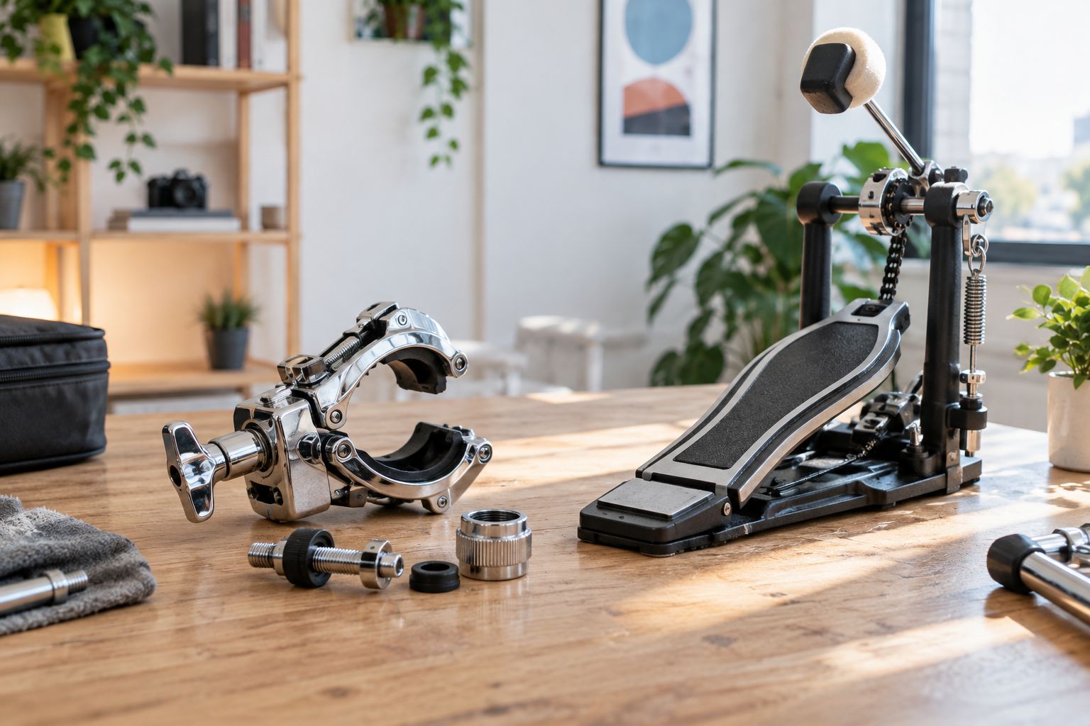 Used drum stand clamp, threaded fittings, and pedal laid out for inspection