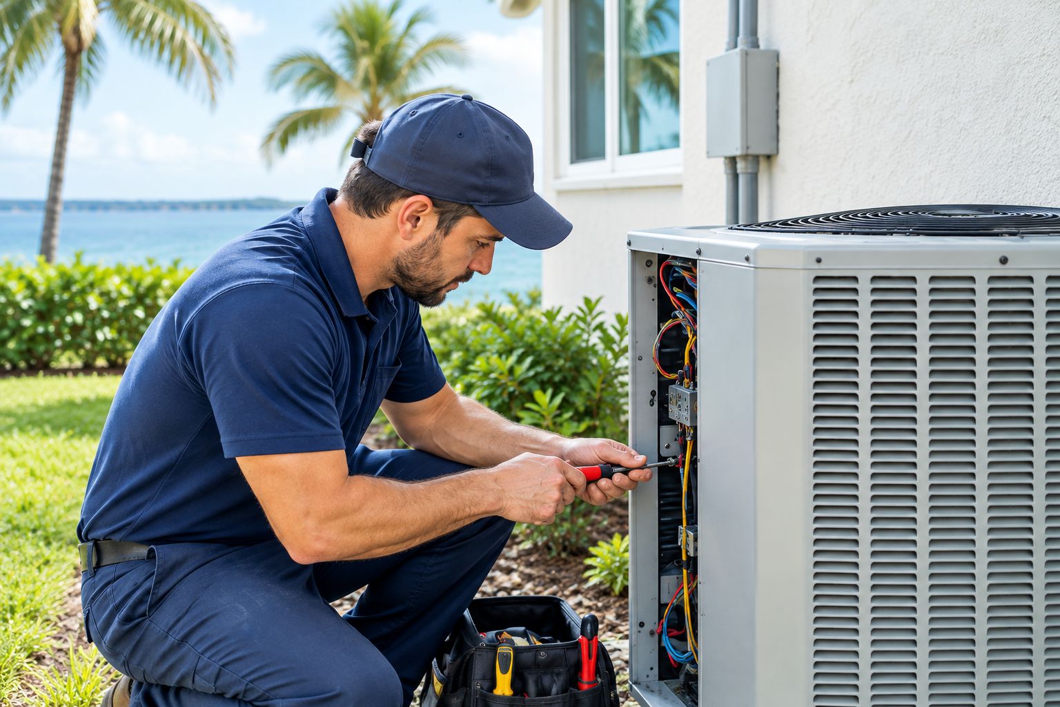 Technician inspecting an outdoor AC condenser unit and disconnect box in a Florida backyard