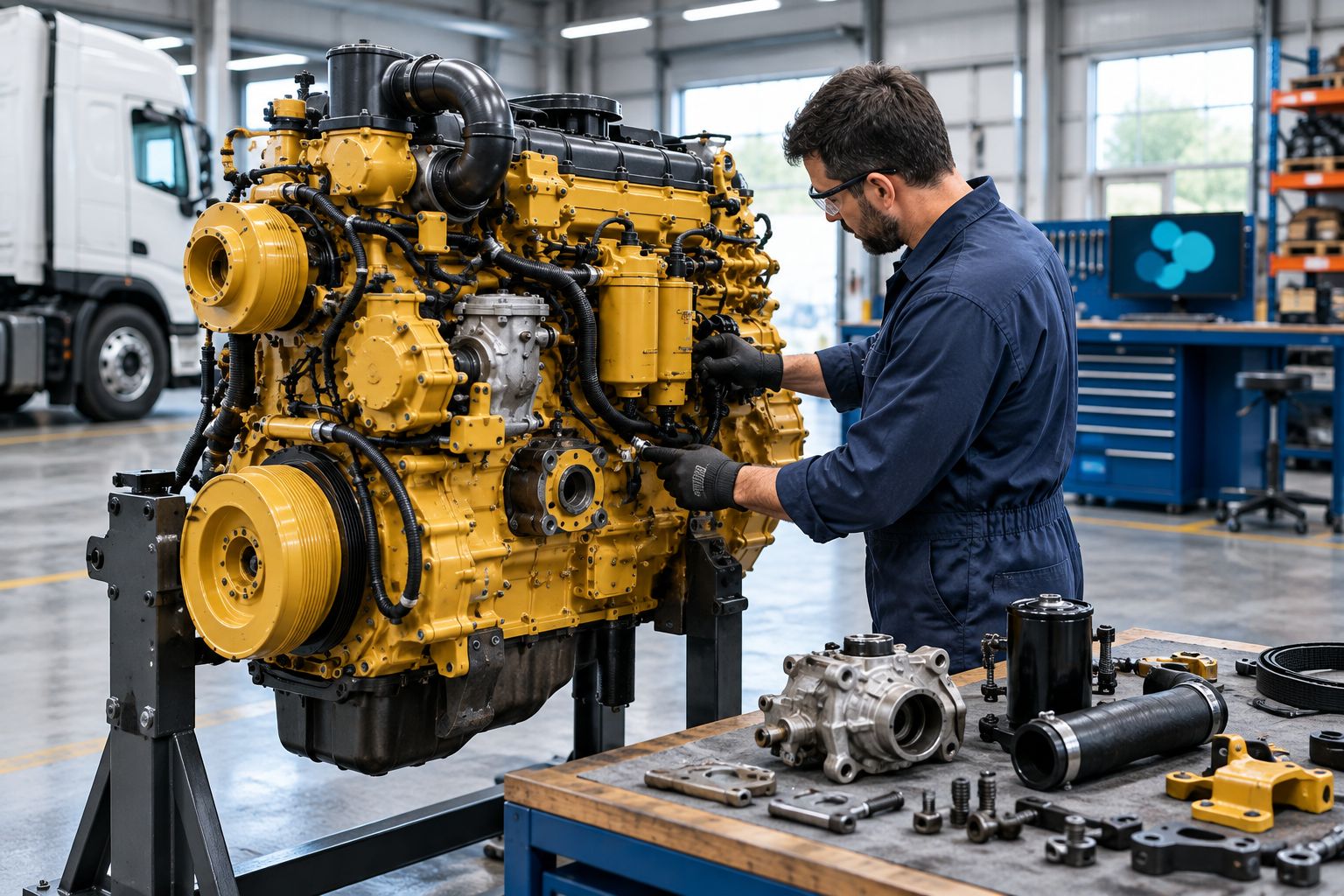 Mechanic inspecting a diesel engine assembly and external components in a truck workshop