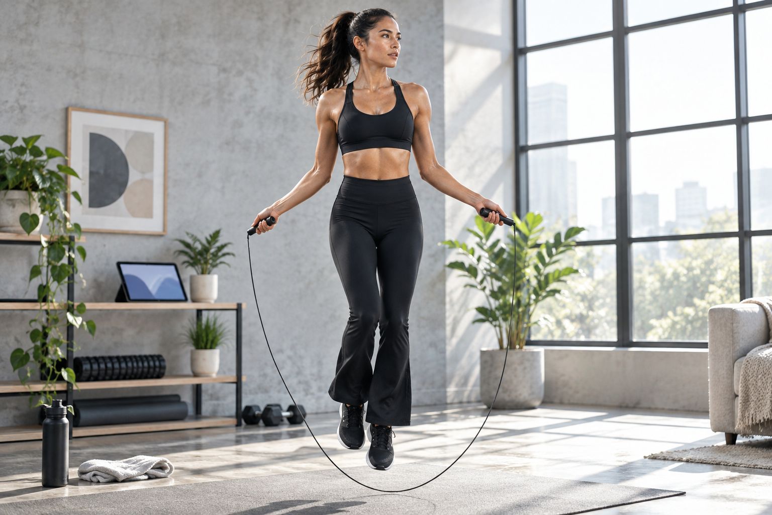 Woman wearing the cropped sports bra and flared leggings workout set during a jump rope drill