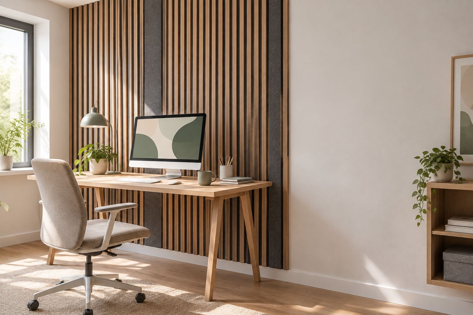 Bureau avec un mur habillé de panneaux à lattes de bois et un mur nu adjacent