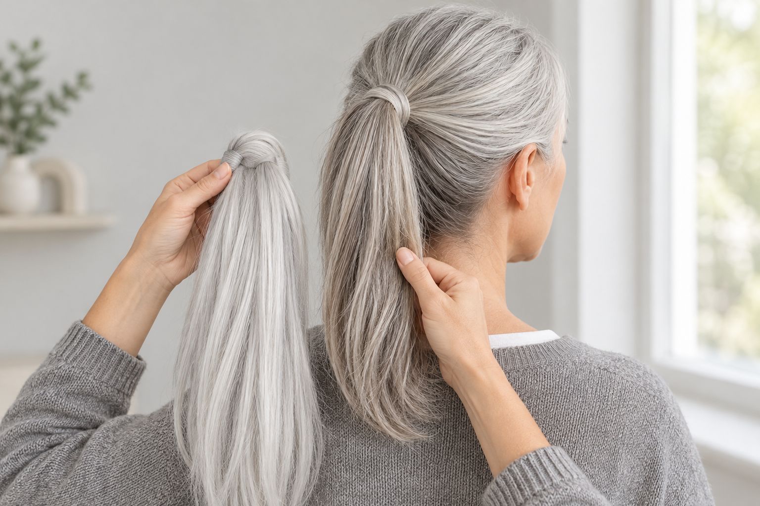 A woman compares a silver-grey ponytail hairpiece with the grey hair around her ponytail base