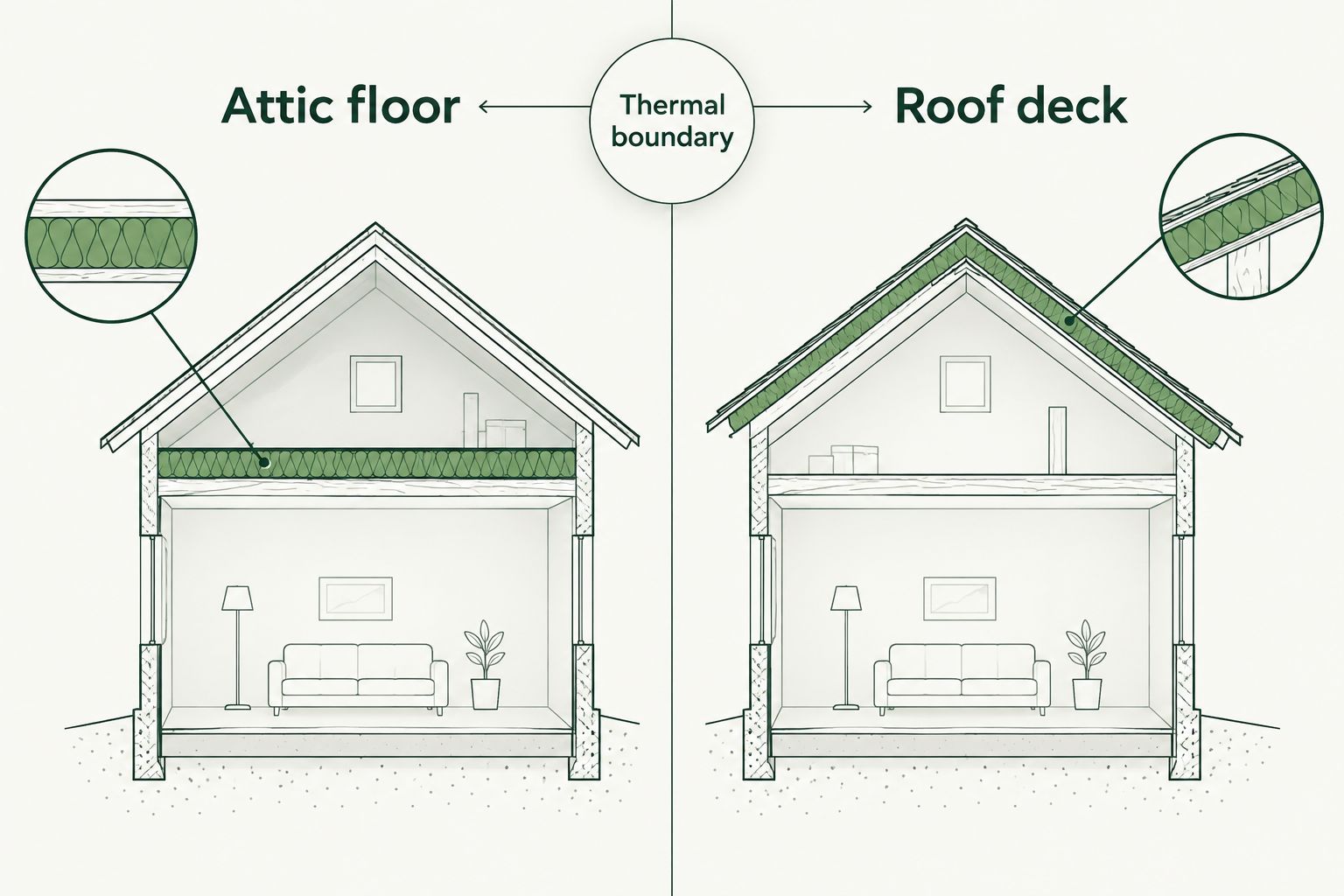 Building sections comparing an attic-floor thermal boundary with a roof-deck thermal boundary