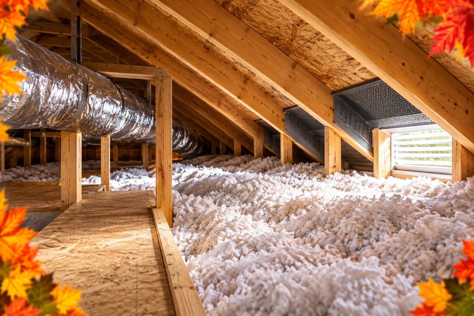 Attic framing, uneven insulation, an eave baffle, and an exhaust duct