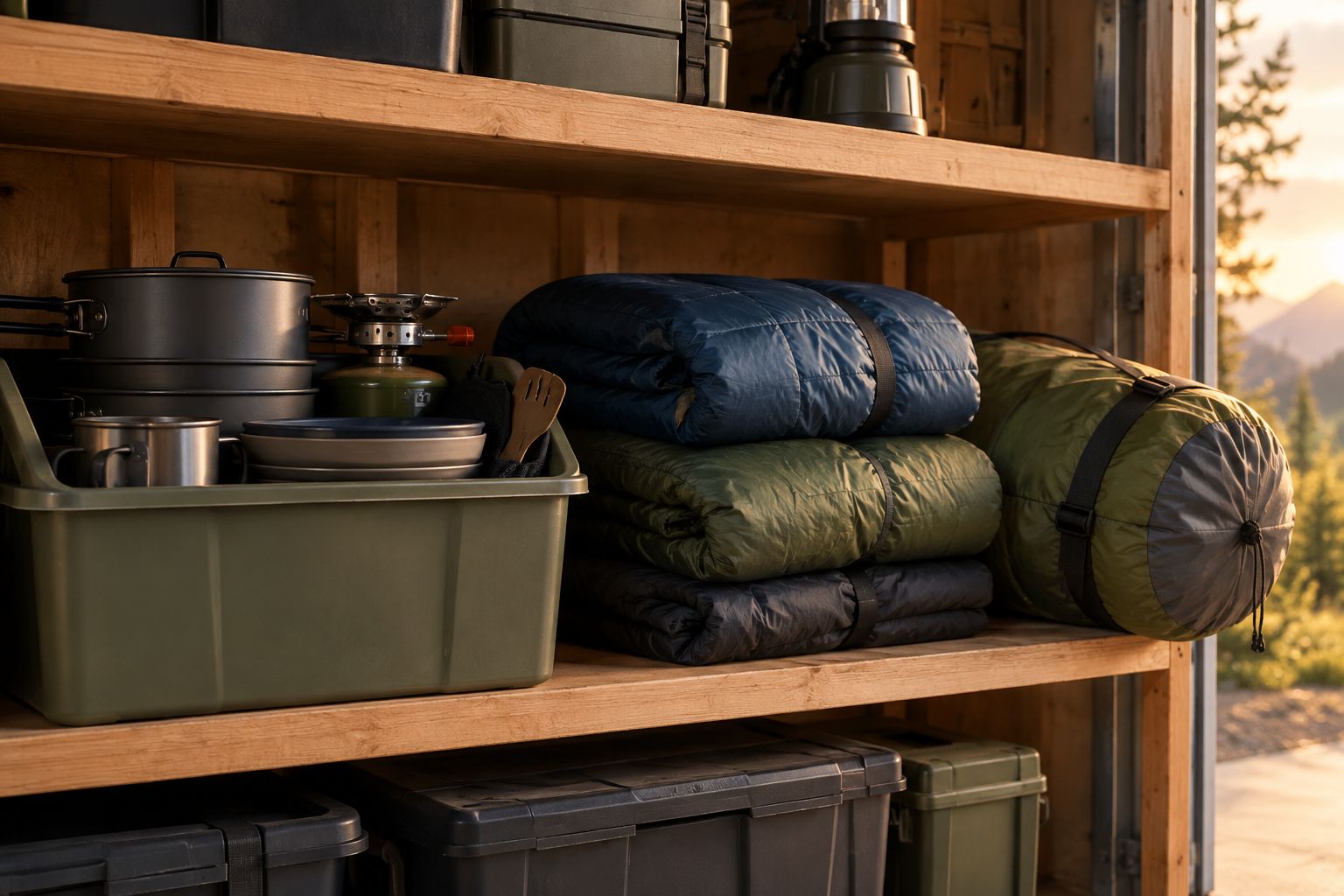 Camping cookware, sleeping bags, and a tent bag grouped separately on a garage shelf