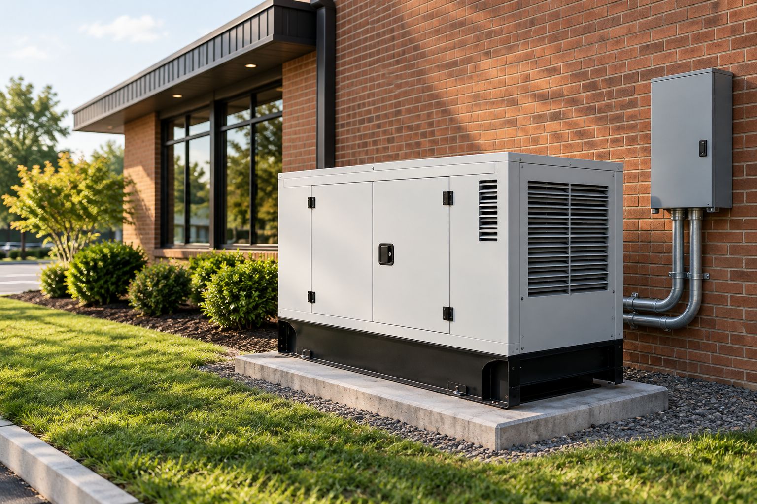 Standby generator installed outside a small commercial building