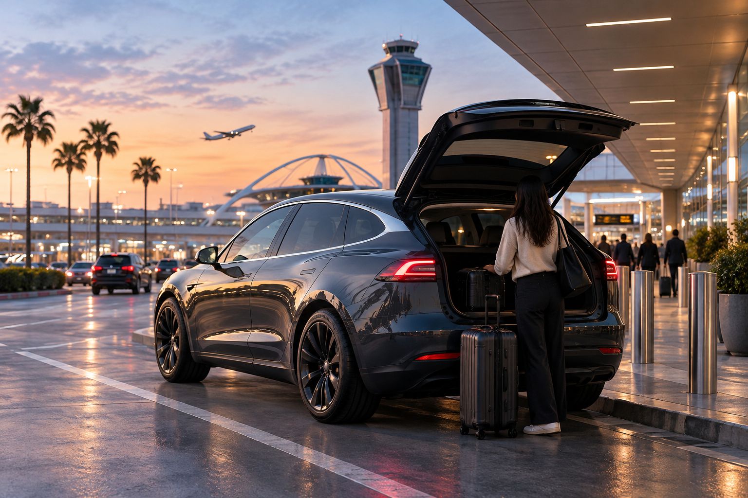 Electric SUV parked curbside near an airport at dusk