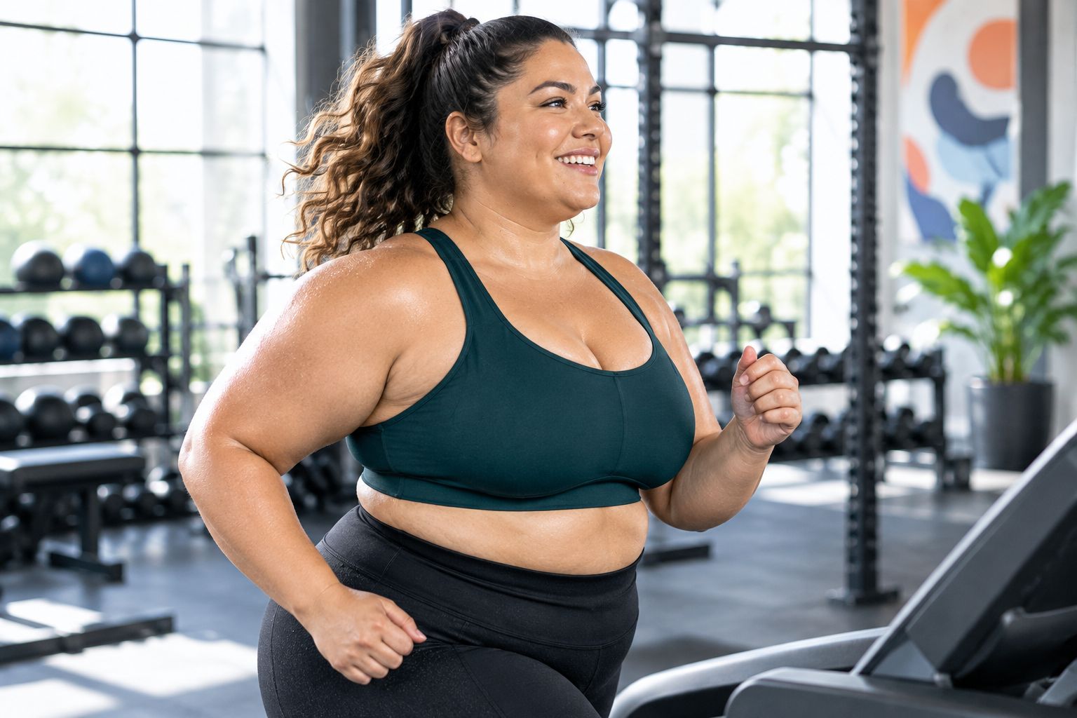 Plus-size woman doing high-impact cardio in supportive athletic wear