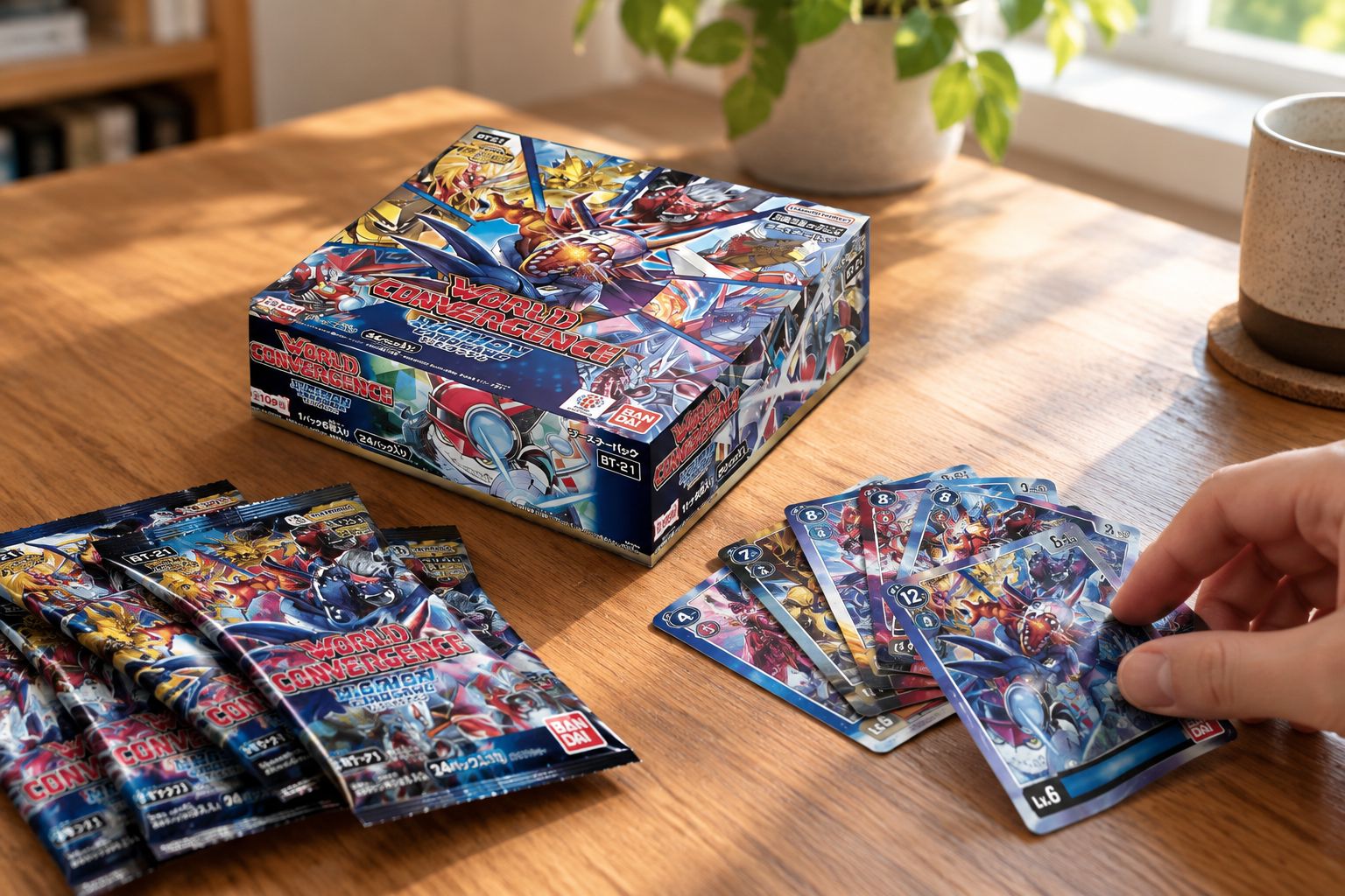 Digimon World Convergence booster box beside opened packs on a table