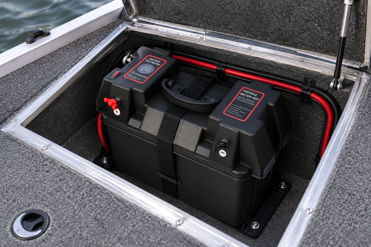 Marine battery box secured inside a small fishing boat locker