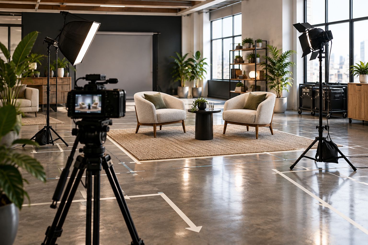 Production studio seating footprints marked beside a camera and lighting stands