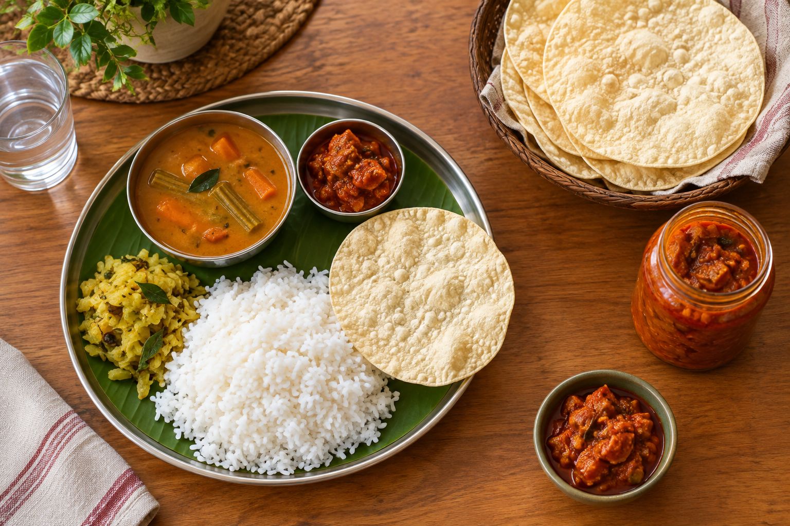 Traditional Andhra thali plate with papad and pickle on a wooden table
