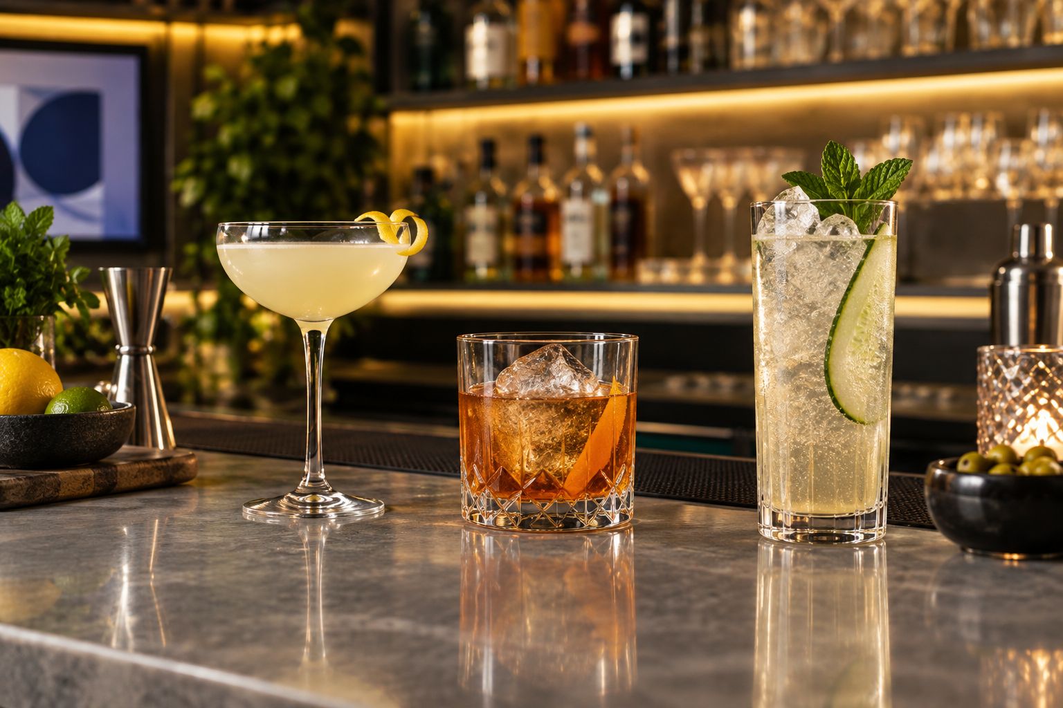 Coupe, rocks, and highball glasses showing different cocktail serving formats