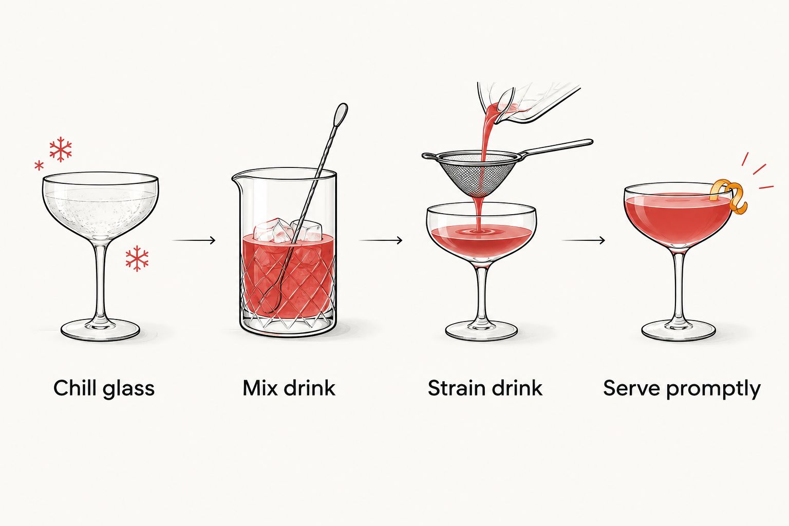 Cocktail service sequence from chilling the glass to serving promptly