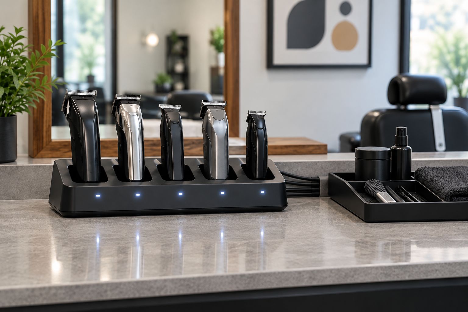 Cordless clippers at separate charging positions with leads routed behind a dry barber bench