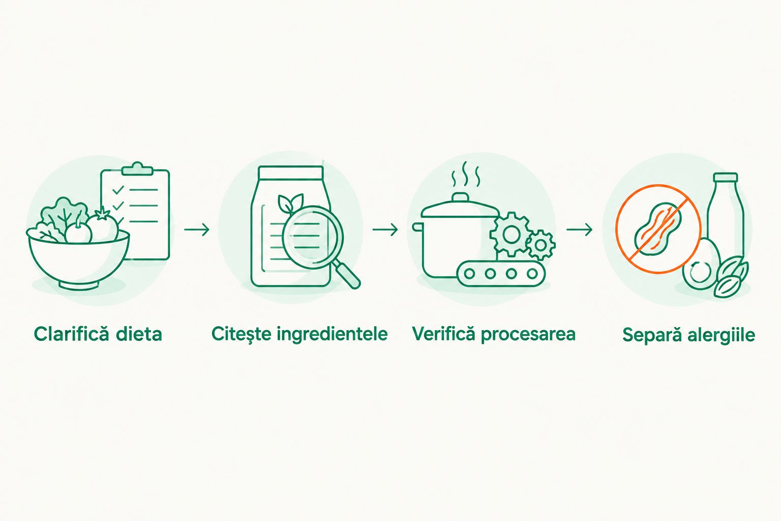 Pașii pentru verificarea dietei, ingredientelor, procesării și avertismentelor despre alergii.