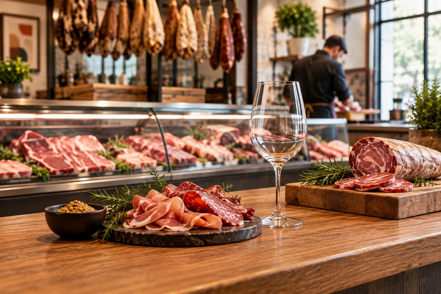 Charcuterie counter with cured meat, mustard and an empty wine glass