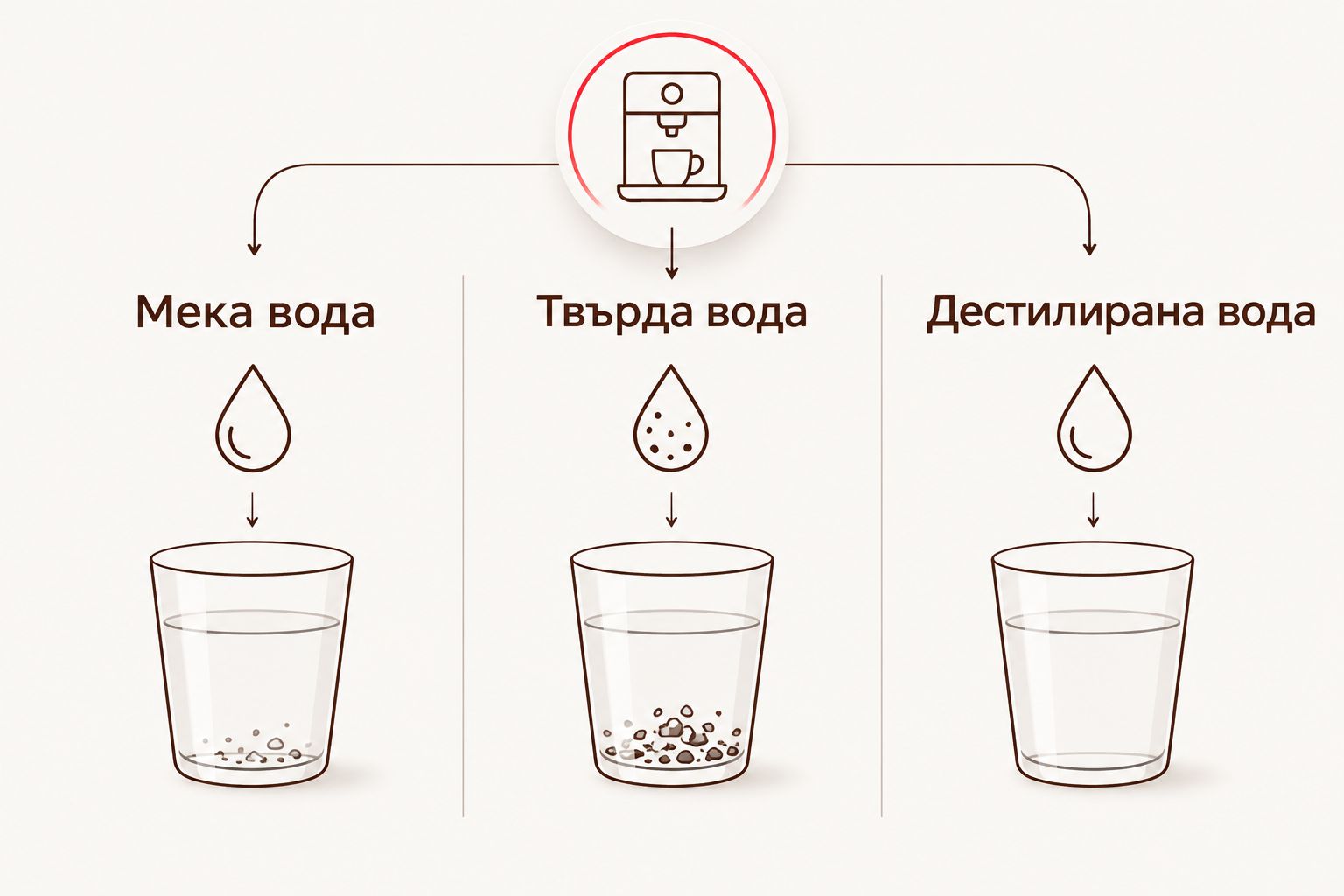 Сравнение на мека, твърда и дестилирана вода за кафемашина
