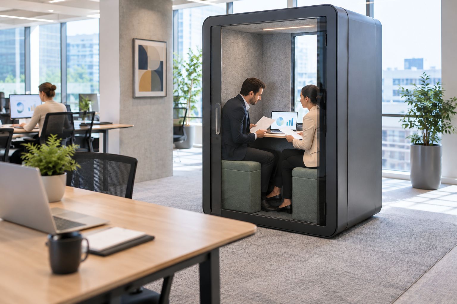 Two colleagues reviewing documents in an enclosed booth beside a shared office