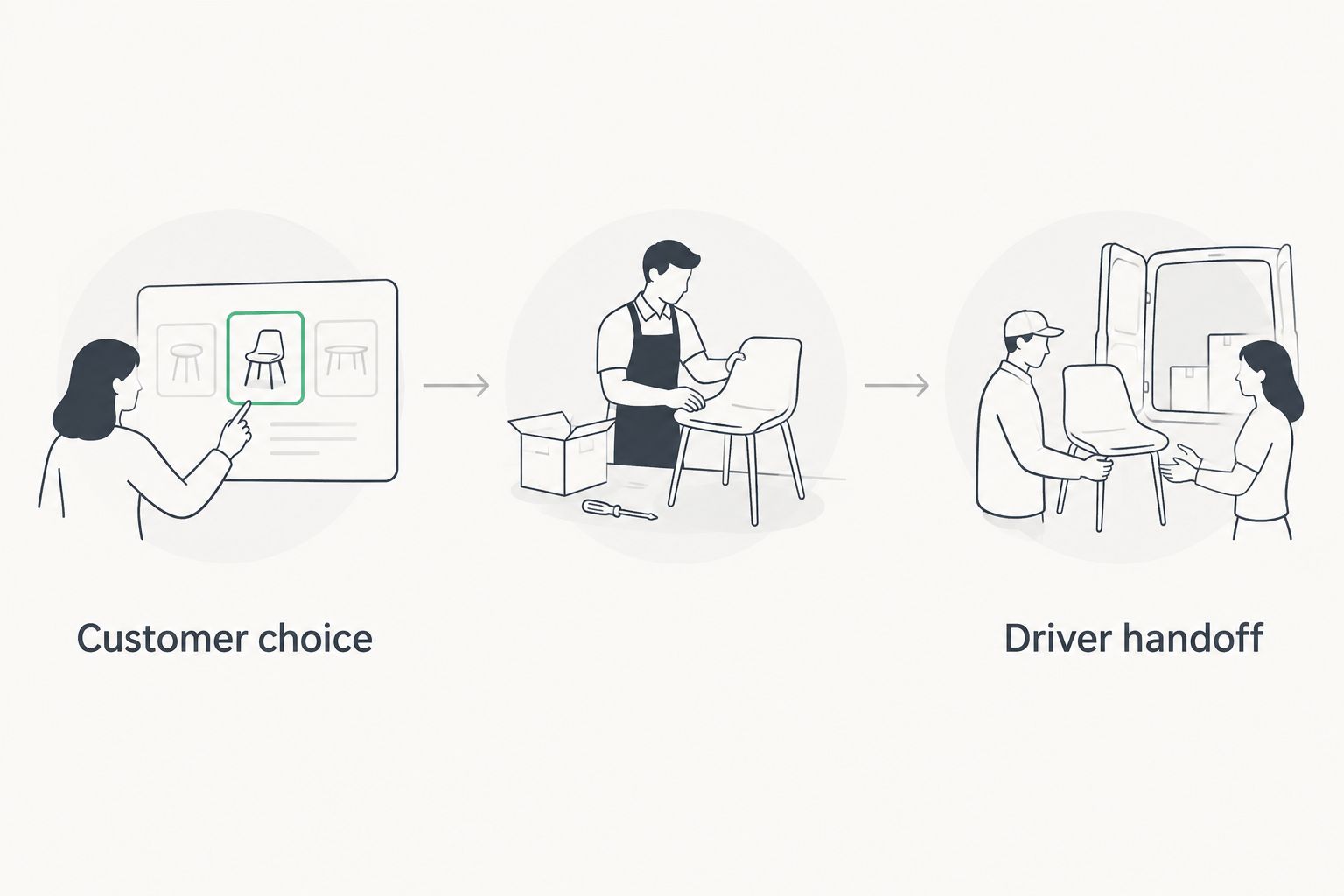 Order workflow from customer choice through staff preparation to driver handoff