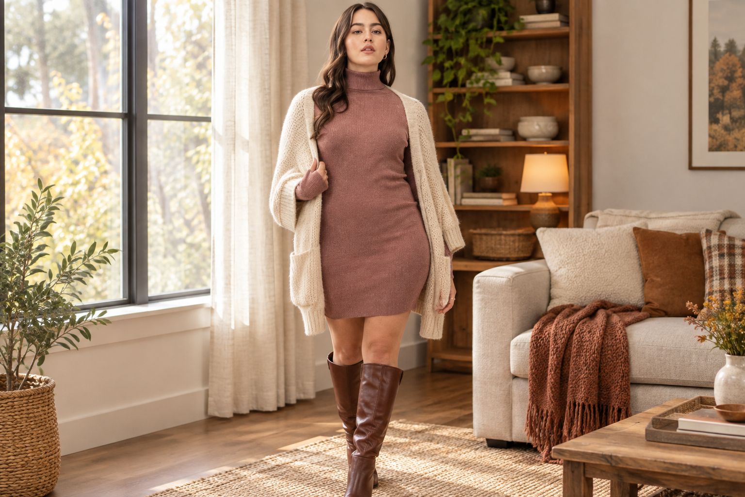 Plus size sweater dress styled with boots and a cardigan for fall