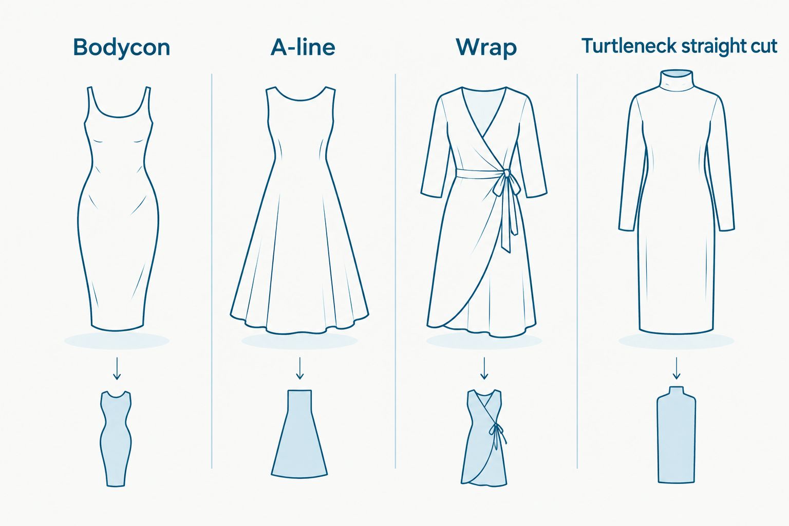 Four sweater dress silhouettes compared side by side