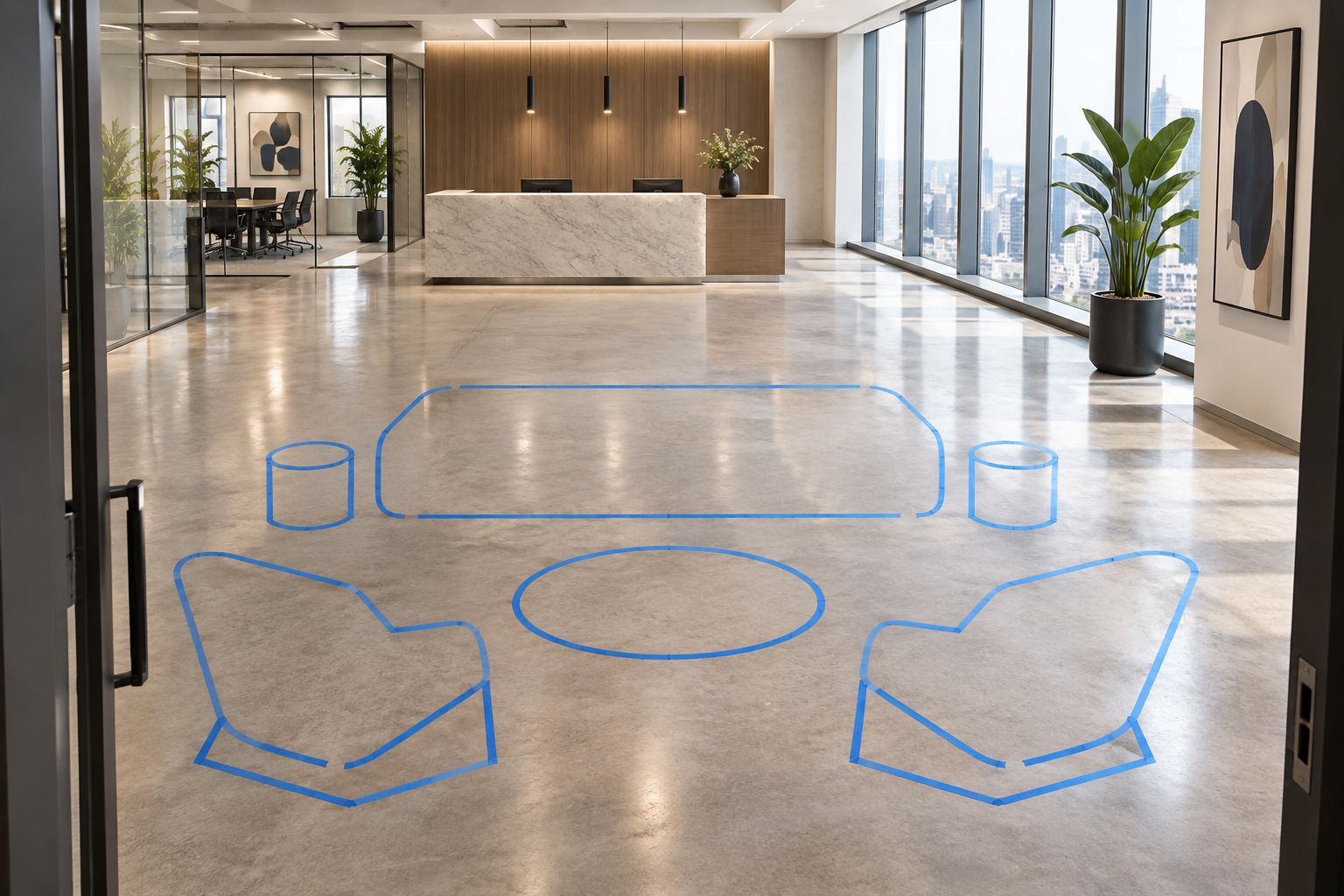 Floor tape marking a reception seating group and the open route beside it