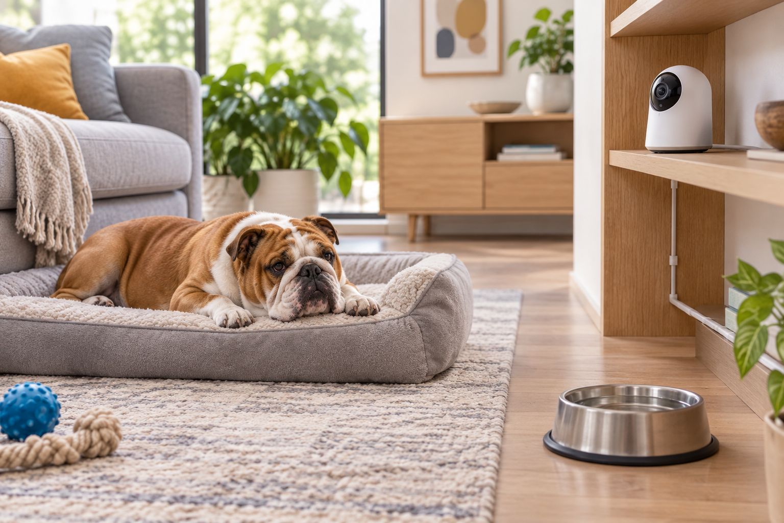 Camera overlooking a resting English Bulldog with cables secured out of reach