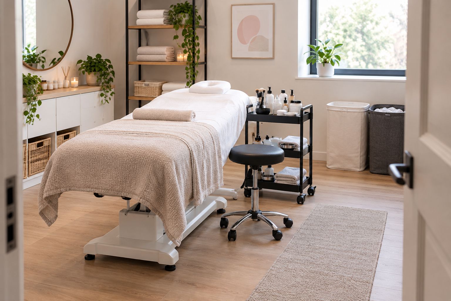 Beauty treatment room with clear access around a bed, stool and supply trolley