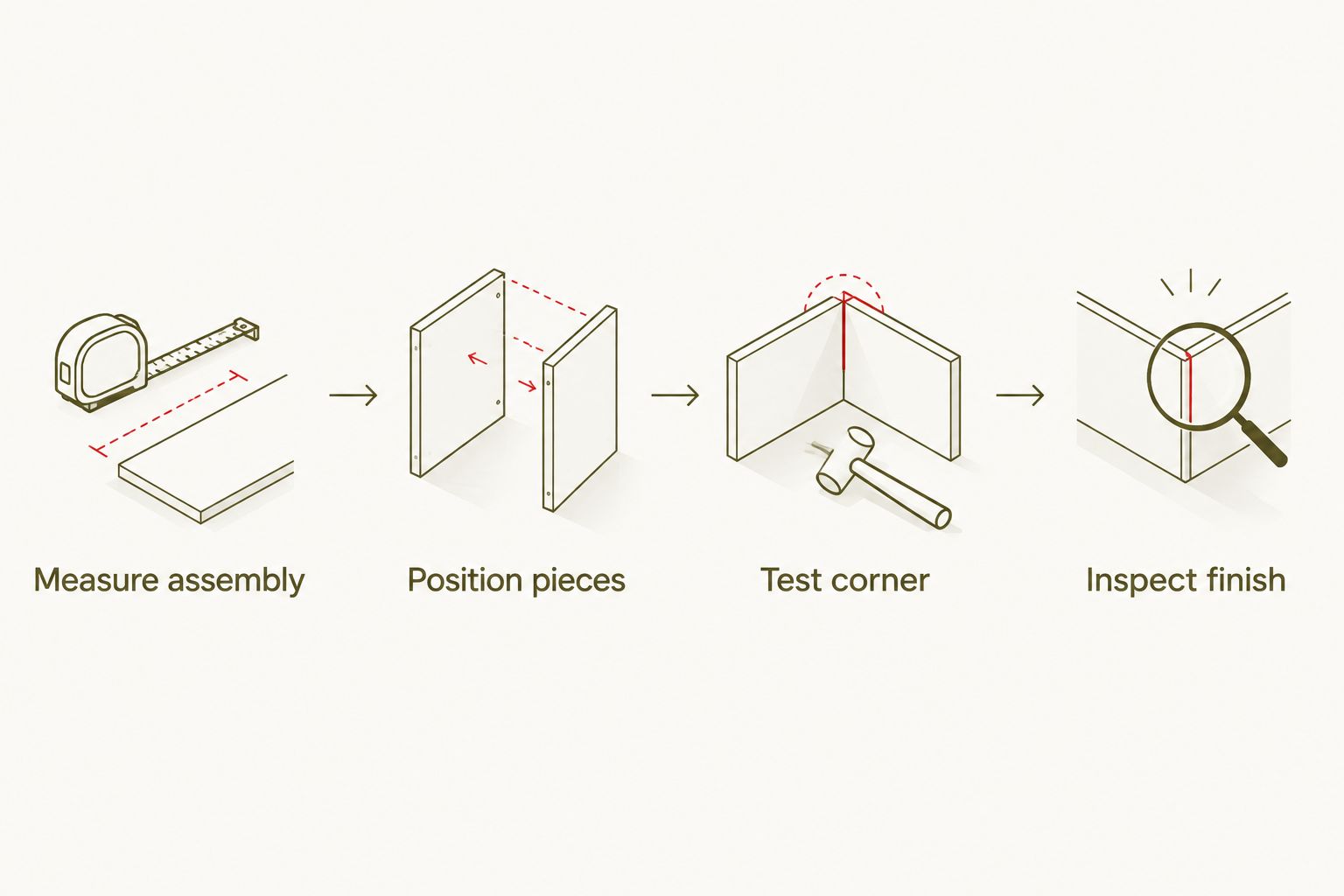 Four stages for testing a wall panel and crown molding junction before installation