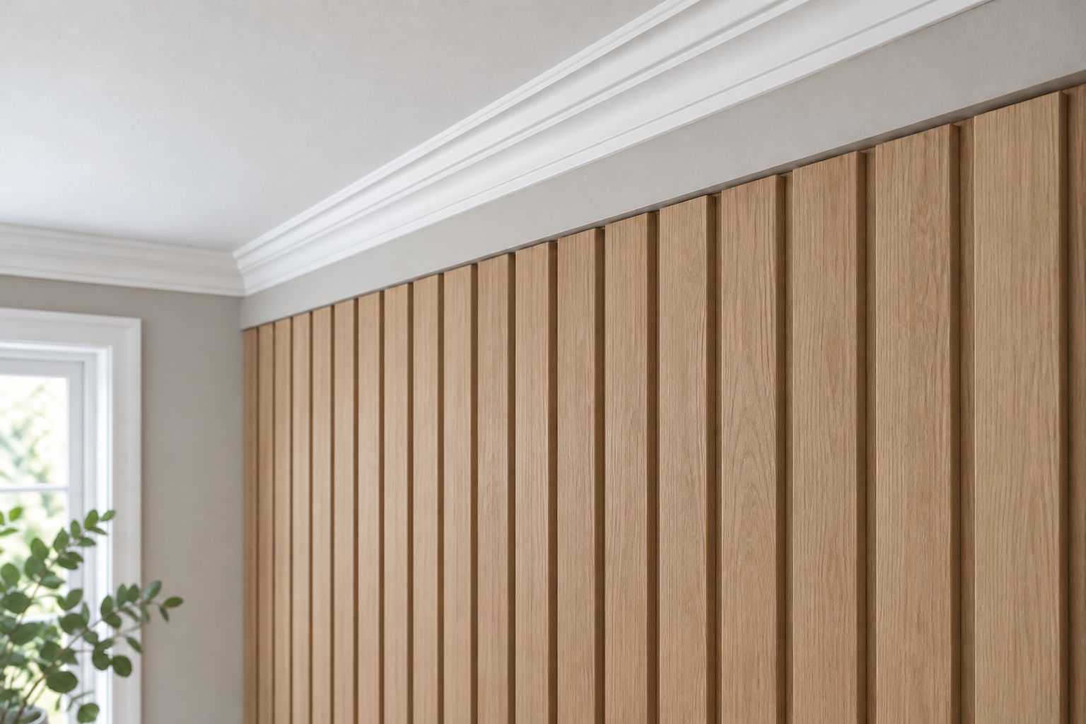 Wood slat wall panels ending beneath a painted transition rail and existing crown molding